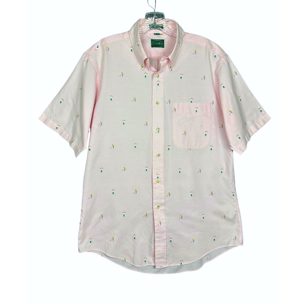 IZOD Mens Vintage Golf Print Shirt Large Pink Short Sleeve Novelty Button Down